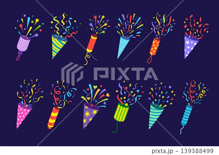Poppers with confetti. Festive firecrackers with colorful splashes, sparks and streamers. Different holiday party accessories, celebration decor, tidy vector set Poppers with confetti. Festive firecrackers with colorful splashes, sparks and streamers. Different holiday party accessories, celebration decor, tidy vector set 139388499
