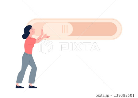 Flip toggle switch. Female character turn on slider for activation work process, productivity, new ideas. Abstract business, processes recent vector concept 139388501