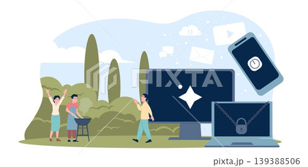 Digital detox concept. Man disconnected from gadgets, turn off computer, smartphone and tablet and spend time with friends, family, recent vector scene 139388506