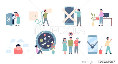 Digital detox scenes. Gadgets turn off, take break from smartphones, tablets, laptop. People disconnected and taking break, life balance, recent vector scenes Digital detox scenes. Gadgets turn off, take break from smartphones, tablets, laptop. People disconnected and taking break, life balance, recent vector scenes 139388507