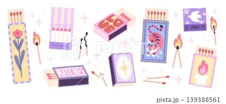Cartoon matchboxes. Burning matches, vintage matchbox design. Flame and fire, sparkles, wooden sticks. Stylish elements for travel, tourism, racy vector set 139388561