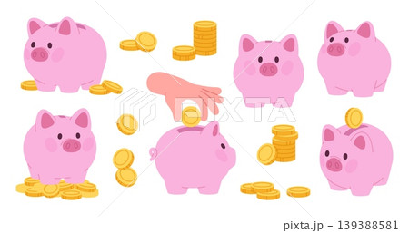 Cute piggy bank set. Pink pig banks and golden coins. Saving money, financial literacy for children and adults and accumulation. Investments, racy vector set Cute piggy bank set. Pink pig banks and golden coins. Saving money, financial literacy for children and adults and accumulation. Investments, racy vector set 139388581