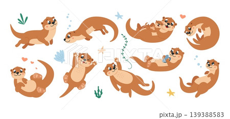 Otters characters. Funny cartoon otter in different swimming poses. Water animals with child, in love. Cute childish mascots, wild river animal, classy vector clipart 139388583
