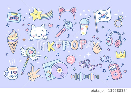 K-pop elements. Colorful stickers korean pop culture style. Funny kitten, ice cream, music disk, headphones. Trendy icons for diary, planners, tidy vector set K-pop elements. Colorful stickers korean pop culture style. Funny kitten, ice cream, music disk, headphones. Trendy icons for diary, planners, tidy vector set 139388584