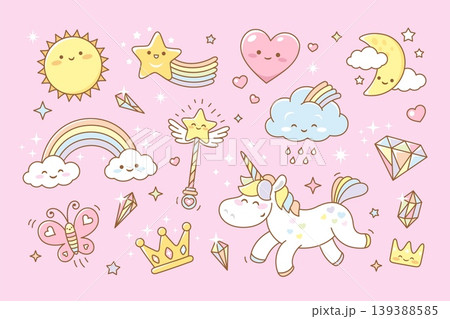 Kawaii rainbow elements. Cute unicorn, star, cloud with rainbows, magic wand and crystals. Diamond, crown and butterfly, colorful girly tidy vector set 139388585