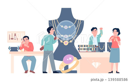 Jewelry industry. Creation, evaluation and sale of gold and silver jewelries. People working with metals and gemstones. Jeweler, seller, appraiser, recent vector concept Jewelry industry. Creation, evaluation and sale of gold and silver jewelries. People working with metals and gemstones. Jeweler, seller, appraiser, recent vector concept 139388586