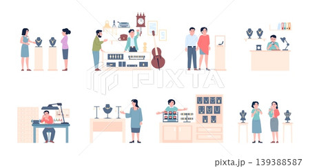 Jeweler and customers. Shopping in jewelry store, looking accessories in showcases. Handmade rings, necklace, flat pawnshop worker, recent vector scenes Jeweler and customers. Shopping in jewelry store, looking accessories in showcases. Handmade rings, necklace, flat pawnshop worker, recent vector scenes 139388587