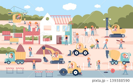 Children at construction site. Kids with building equipment and special transport builds house from bricks. Outdoor professional playground, recent vector scene 139388590