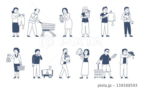 People on shopping. Customers choose fresh food, interior decor, clothes and devices. Man woman holding paper bags with vegetables, recent vector clipart 139388593