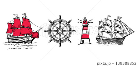 Old vintage sailboat, lighthouse, Wind rose, hand drawn	 139388852