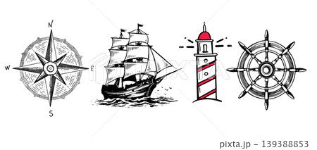 Old vintage sailboat, lighthouse, Wind rose, hand drawn	 139388853