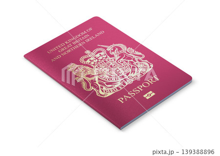 British Passport on white background. United kingdom of Great Britain and Northern Ireland. Angle view. 3d rendering. 139388896