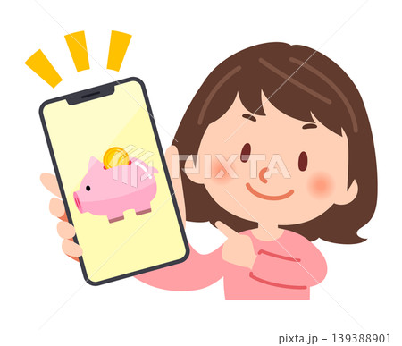 スマホで豚の貯金箱の画面を見せる女性 スマホで豚の貯金箱の画面を見せる女性 139388901