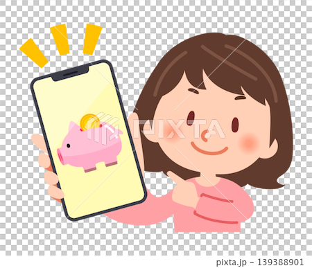 スマホで豚の貯金箱の画面を見せる女性 スマホで豚の貯金箱の画面を見せる女性 139388901