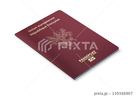 France Passport on white background. French Passport. Angle view. 3d rendering. 139388907