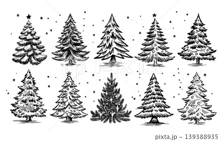 Christmas tree set on white. Hand drawn illustration. Christmas tree set on white. Hand drawn illustration. 139388935