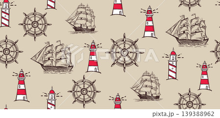 Old vintage sailboat, lighthouse, Wind rose, pattern hand drawn 139388962
