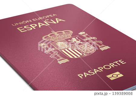 Spain Passport on white background. Spanish Passport. Close-up angle view. 3d rendering. 139389008