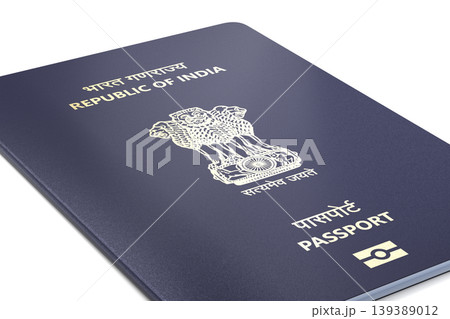 India Passport on white background. Indian Passport. Close-up angle view. 3d rendering. 139389012