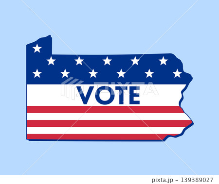 Pennsilvania state map filled with U.S. flag stars and stripes, bold Vote text overlay. Patriotic election concept symbolizing democracy, civic duty, and American pride. Pennsilvania state map filled with U.S. flag stars and stripes, bold Vote text overlay. Patriotic election concept symbolizing democracy, civic duty, and American pride. 139389027
