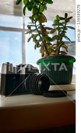 Vintage camera with multiple lens attachments placed on a table beside a green potted plant, sunlight streaming through a window in the background 139389276