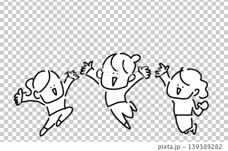 笑顔でジャンプする3人の女性キャラクター 万歳 かわいいモノクロ線画 笑顔でジャンプする3人の女性キャラクター 万歳 かわいいモノクロ線画 139389282