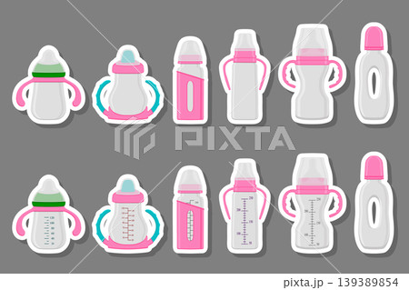 Illustration on theme big colored kit baby milk in bottle with rubber pacifier Illustration on theme big colored kit baby milk in bottle with rubber pacifier 139389854
