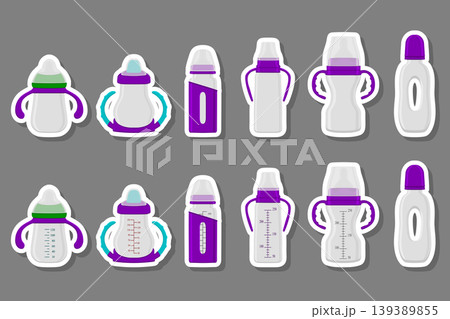 Illustration on theme big colored kit baby milk in bottle with rubber pacifier Illustration on theme big colored kit baby milk in bottle with rubber pacifier 139389855