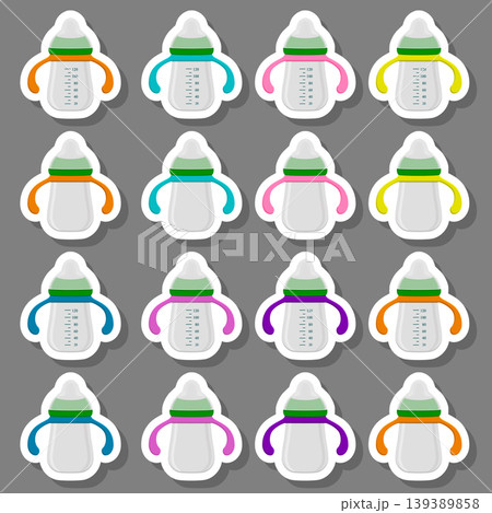 Illustration on theme big colored kit baby milk in bottle with rubber pacifier Illustration on theme big colored kit baby milk in bottle with rubber pacifier 139389858