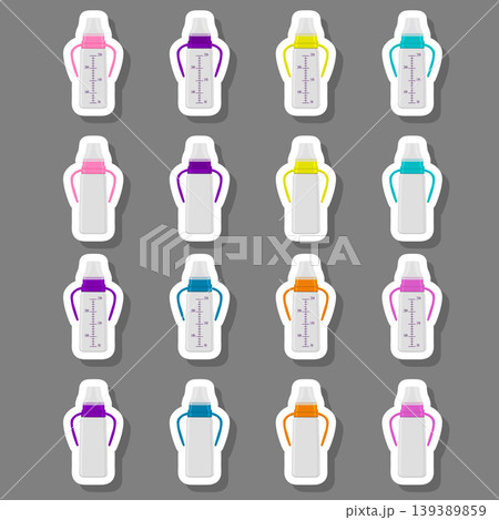 Illustration on theme big colored kit baby milk in bottle with rubber pacifier Illustration on theme big colored kit baby milk in bottle with rubber pacifier 139389859