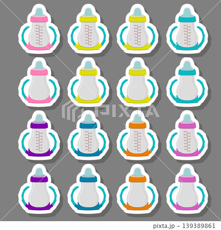 Illustration on theme big colored kit baby milk in bottle with rubber pacifier Illustration on theme big colored kit baby milk in bottle with rubber pacifier 139389861