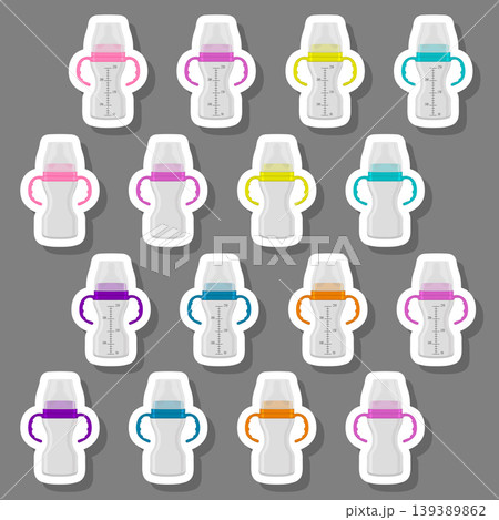 Illustration on theme big colored kit baby milk in bottle with rubber pacifier Illustration on theme big colored kit baby milk in bottle with rubber pacifier 139389862