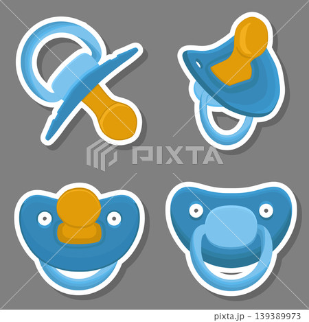 Illustration on theme big colored set baby pacifiers, dummy with rubber nipple Illustration on theme big colored set baby pacifiers, dummy with rubber nipple 139389973