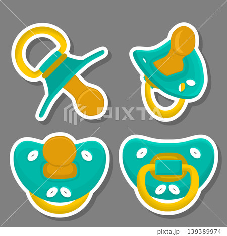 Illustration on theme big colored set baby pacifiers, dummy with rubber nipple Illustration on theme big colored set baby pacifiers, dummy with rubber nipple 139389974