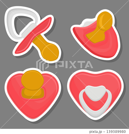 Illustration on theme big colored set baby pacifiers, dummy with rubber nipple Illustration on theme big colored set baby pacifiers, dummy with rubber nipple 139389980