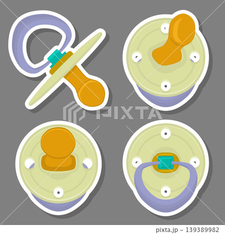Illustration on theme big colored set baby pacifiers, dummy with rubber nipple Illustration on theme big colored set baby pacifiers, dummy with rubber nipple 139389982