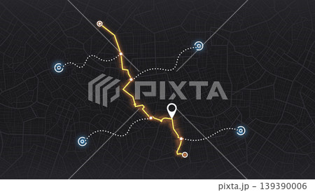 Glowing orange route on dark city map with connection nodes and pin. Vector illustration. Glowing orange route on dark city map with connection nodes and pin. Vector illustration. 139390006