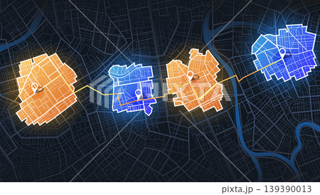 Dark city map with four highlighted districts connected by navigation route. Logistics itinerary path with location pins. Vector illustration. Dark city map with four highlighted districts connected by navigation route. Logistics itinerary path with location pins. Vector illustration. 139390013