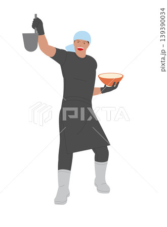 ラーメンを作る男性。職人が元気で働くイメージのイラスト。 ラーメンを作る男性。職人が元気で働くイメージのイラスト。 139390034