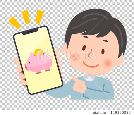 スマホで豚の貯金箱の画面を見せる男性 スマホで豚の貯金箱の画面を見せる男性 139390050
