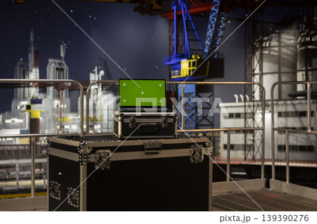 Green screen on laptop supporting offshore drilling rig calibration and logistics through automation software. Tech improving petroleum extraction in the oil and gas industry. Green screen on laptop supporting offshore drilling rig calibration and logistics through automation software. Tech improving petroleum extraction in the oil and gas industry. 139390276
