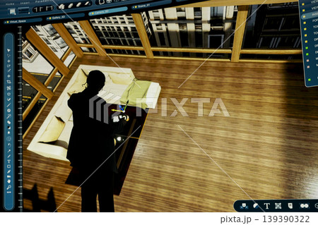 Interacting with 3D building, massive digital wall and architectural designer using immersive visualization. Crafting realistic home floor plan, CAD software and professional doing real estate project Interacting with 3D building, massive digital wall and architectural designer using immersive visualization. Crafting realistic home floor plan, CAD software and professional doing real estate project 139390322