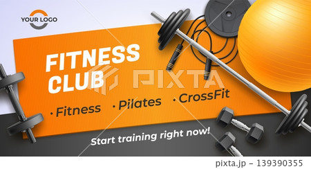 Realistic gym banner. Fitness club poster ad brochure template, workout training equipment bodybuilding exercise skipping rope dumbbell, sport design garish vector illustration Realistic gym banner. Fitness club poster ad brochure template, workout training equipment bodybuilding exercise skipping rope dumbbell, sport design garish vector illustration 139390355