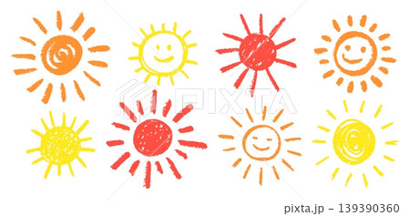 Crayon suns. Doodle sun, hand drawn child scribble yellow sketch summer energy sunlight beams fun chalk pastel circle pencil texture weather element qualitative vector illustration Crayon suns. Doodle sun, hand drawn child scribble yellow sketch summer energy sunlight beams fun chalk pastel circle pencil texture weather element qualitative vector illustration 139390360