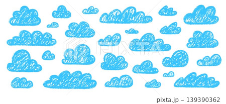 Crayon clouds. Hand drawn cloud sky, cloudy weather pastel texture kids chalk pencil brush stroke doodle cute children drawing summer cloudy element qualitative vector illustration Crayon clouds. Hand drawn cloud sky, cloudy weather pastel texture kids chalk pencil brush stroke doodle cute children drawing summer cloudy element qualitative vector illustration 139390362