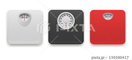 Realistic bathroom scales. 3d floor analogue scale, weight balance body mass loss diet control device top view white red black color fat obesity set garish vector illustration Realistic bathroom scales. 3d floor analogue scale, weight balance body mass loss diet control device top view white red black color fat obesity set garish vector illustration 139390417