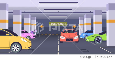 Underground car park. Vehicle parking, garage indoor mall basement reserved parking lots parked cars space with column city road urban building entrance classy vector illustration Underground car park. Vehicle parking, garage indoor mall basement reserved parking lots parked cars space with column city road urban building entrance classy vector illustration 139390427