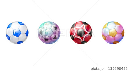 Realistic soccer balls. 3d colorful soccer ball, sport competition white red blue black hexagon different iridescent colors winner isolated goal icon set exact vector illustration Realistic soccer balls. 3d colorful soccer ball, sport competition white red blue black hexagon different iridescent colors winner isolated goal icon set exact vector illustration 139390433