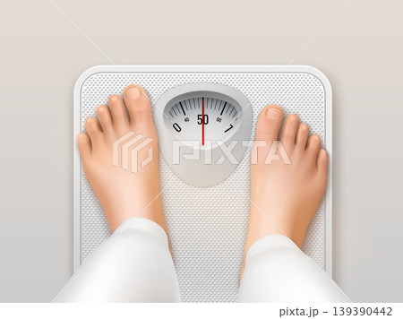 Realistic feet scales. Woman foot standing on bathroom scale, weight balance floor weighing top view obesity fat body fitness diet control mass loss garish vector illustration 139390442