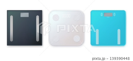 Digital bathroom scales. Smart floor scale weight balance device, fat body mass loss gain weighing measuring electronic machine top view, 3d realistic garish vector illustration 139390448